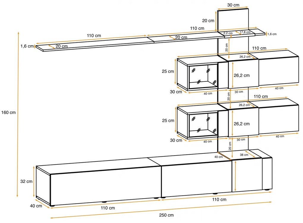 Mobila Living  camera de zi , alb lucios prun , 250 cm lungime, usi push open