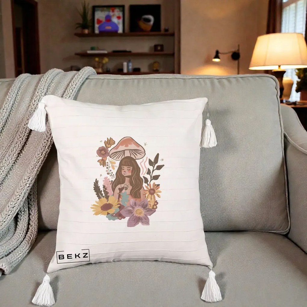 Perna Decorativa Fata Ciuperca Boho Florala, 40x40 cm, Bej cu Franjuri, Husa Detasabila, Perna Inclusa, BEKZ®