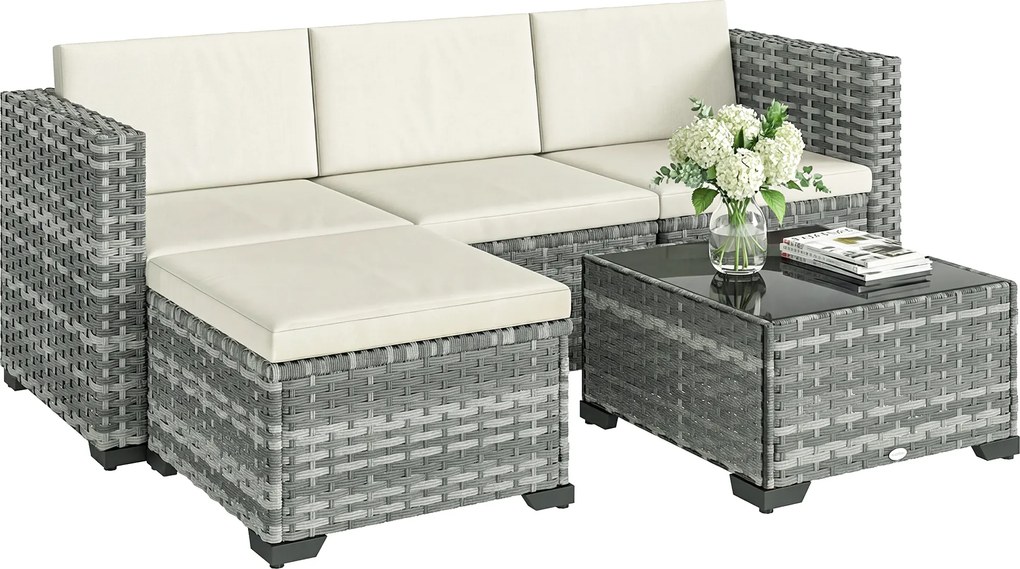 Outsunny Set mobilier grădină Polyrattan 5 piese, set lounge cu colțar, taburet, masă și perne pentru șezut și spate Gri+Cremeweiß | Aosom Romania