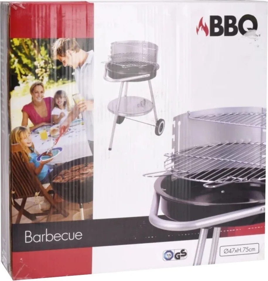 Grătar BBQ rotund pe cărbuni Ø47 cm, cu raft și roți, reglabil, pentru grădină și outdoor