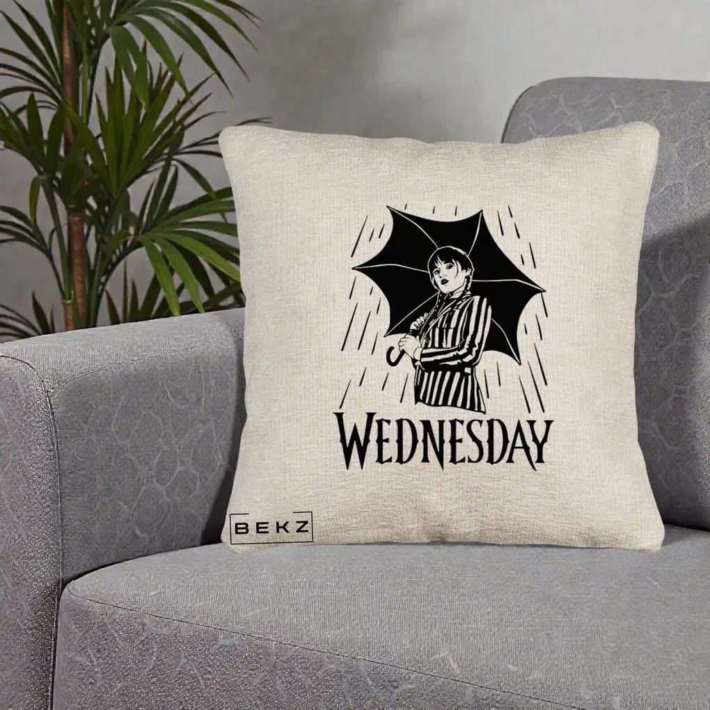 Perna Personalizata Wednesday cu Umbrela Ploaie Lineart, 40x40 cm, Bej Canapea, Husa Detasabila, Perna Inclusa, BEKZ®