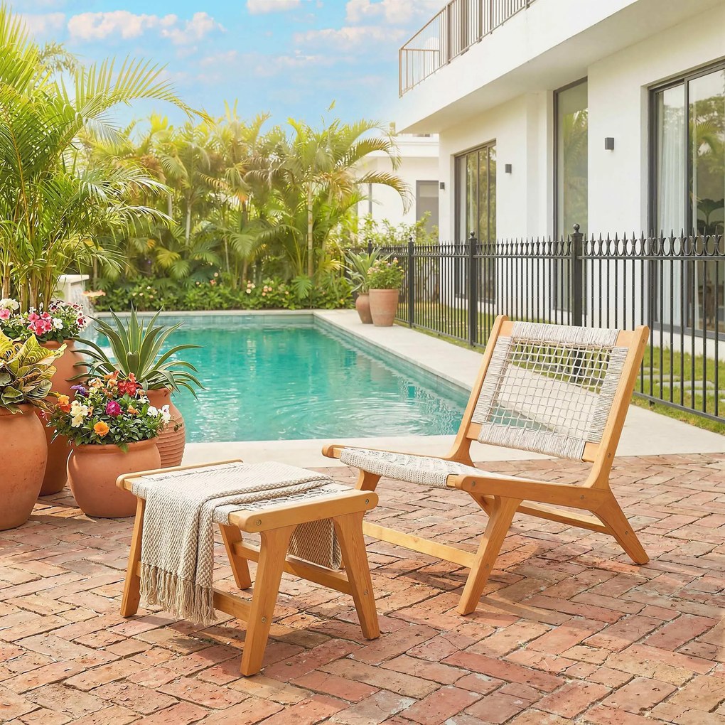 Outsunny Fotoliu de grădină cu taburet 2 piese lemn de acacia certificat FSC fotoliu lounge exterior cu șezut din ratan stil boho picioare reglabile | Aosom Romania
