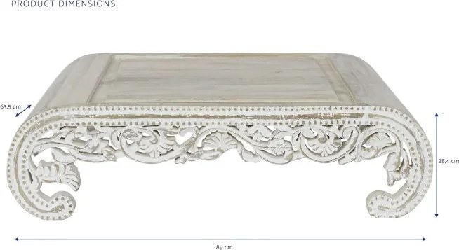 Măsuță laterală sculptată dreptunghiulară din lemn de mango, alb, cu picioare în volută și decor floral, finisaj décapé, 25,4 x 89 x 63,5 cm, „Serava”