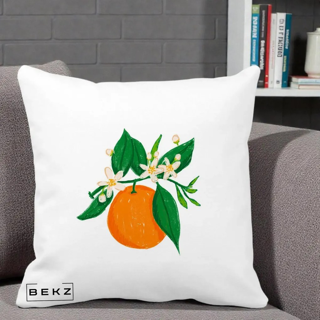 Perna Decorativa Portocala in Floare, 40x40 cm, Alba Mata, Husa Detasabila, Perna Inclusa, BEKZ®