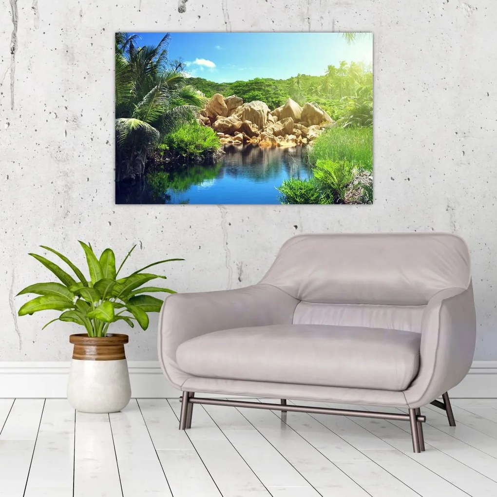 Tablou cu lac în jungla din Seychelles (90x60 cm)