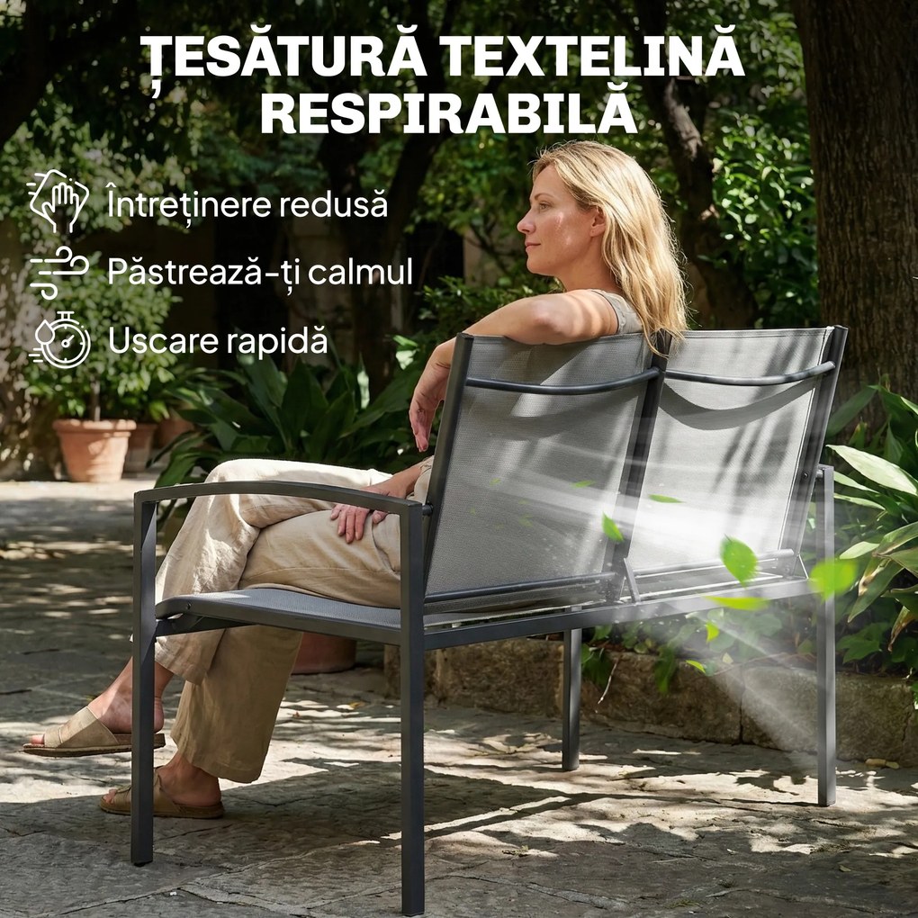 Outsunny bancă de grădină din metal, 2 locuri, material respirabil Texteline, culoare gri. | Aosom Romania