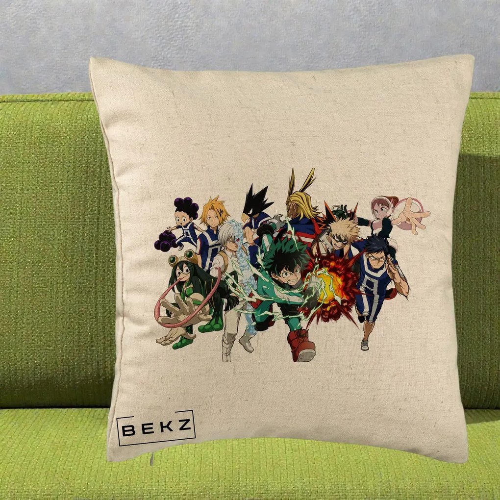 Perna Personalizata My Hero Academia Clasa 1-A Complet, 40x40 cm, Bej, Husa Detasabila, Perna Inclusa, BEKZ®