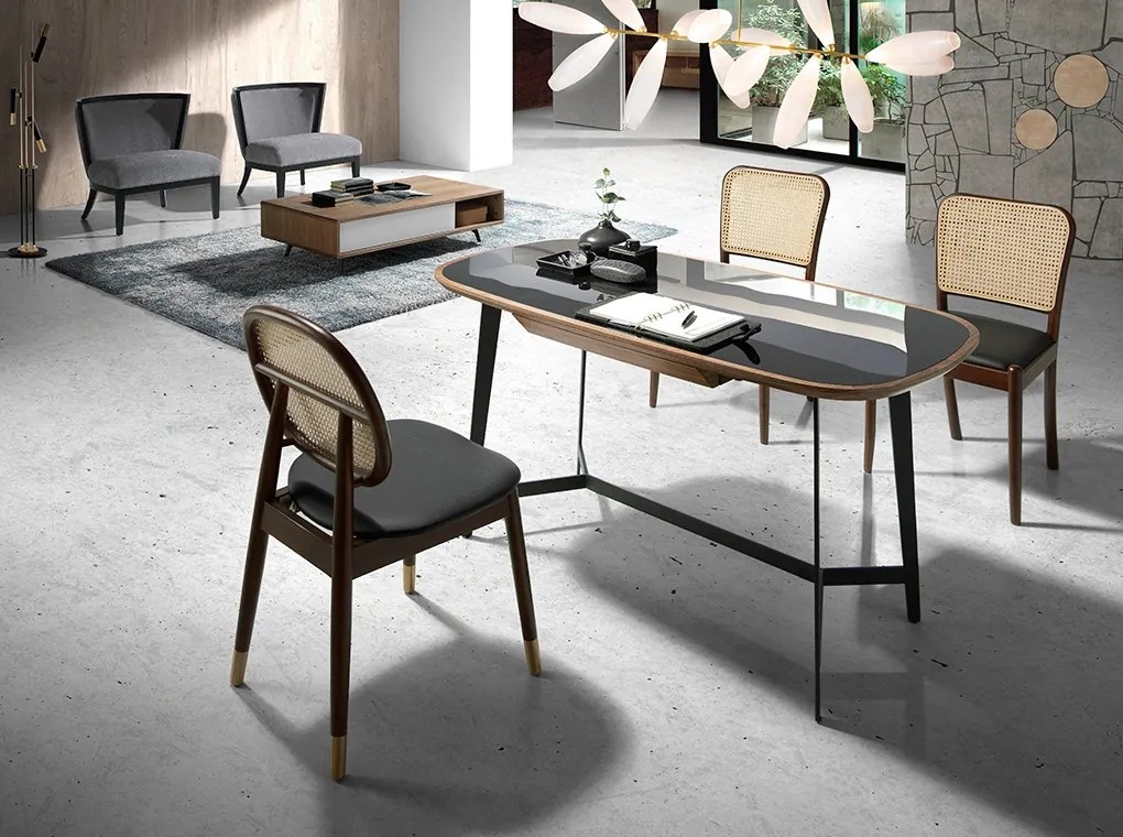 Scaun design LUX din lemn cu spatar de rattan Walnut AC 4093-DC1599