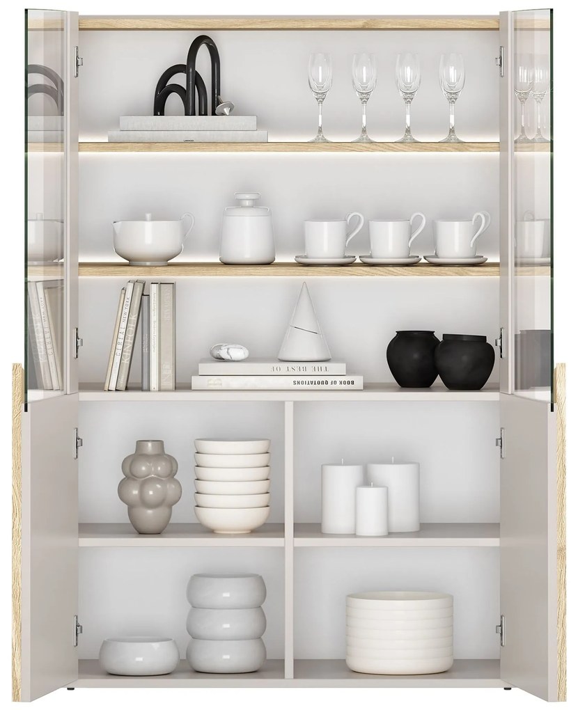 Vitrină cu două uși Amilio 100 cm - cașmir / stejar uleiat / mânere stejar deschis