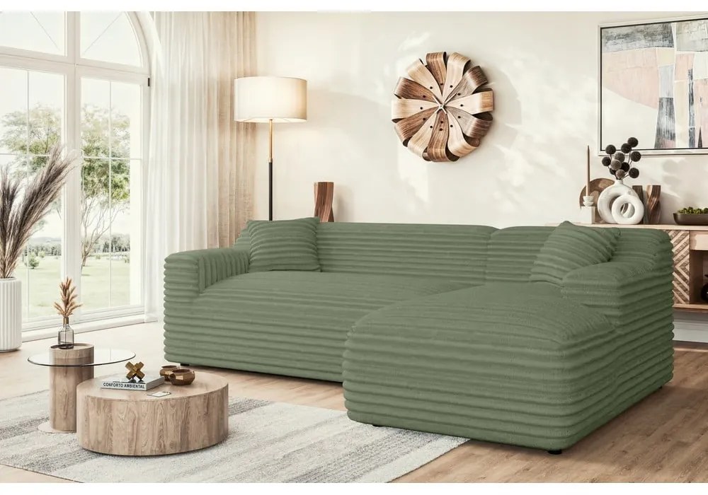 Colțar verde cu tapițerie din catifea reiată (cu colț pe partea dreaptă, cu șezlong) Martin – Ropez