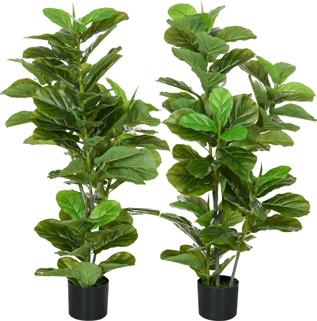 HOMCOM, Set de 2 plante artificiale Ficus Lyrata, arbori artificiali cu ghiveci inclus, înălțime 110 cm, verde | Aosom Romania