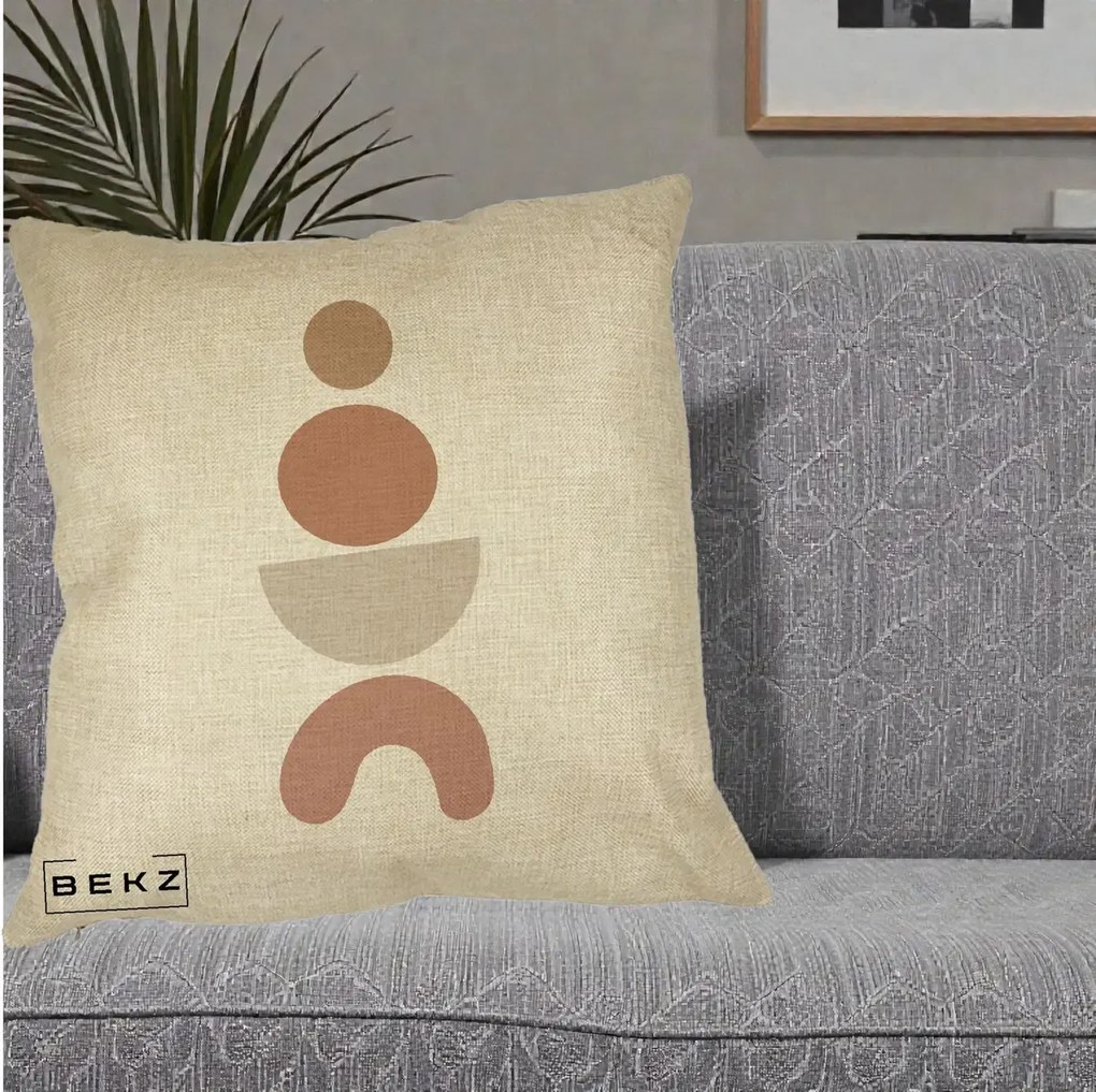 Perna Decorativa Geometric Boho Cercuri si Arc, 40x40 cm, Crem, Husa Detasabila, Perna Inclusa, BEKZ®
