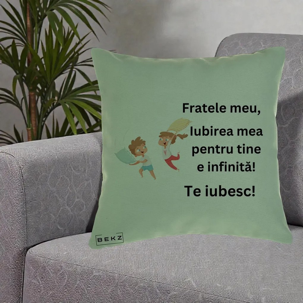 Cadou pentru Frate - Perna Personalizata Fratele Meu Te Iubesc Copii Batalie Perne, 40x40 cm, Verde, Husa Detasabila, Perna Inclusa, BEKZ®