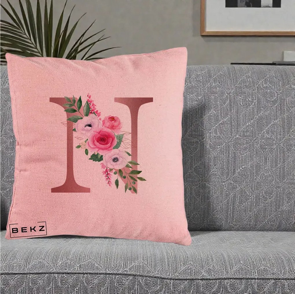 Cadou Personalizat - Perna Personalizata Monograma Rose Gold Litera N, 40x40 cm, Roz, Husa Detasabila, Perna Inclusa, BEKZ®