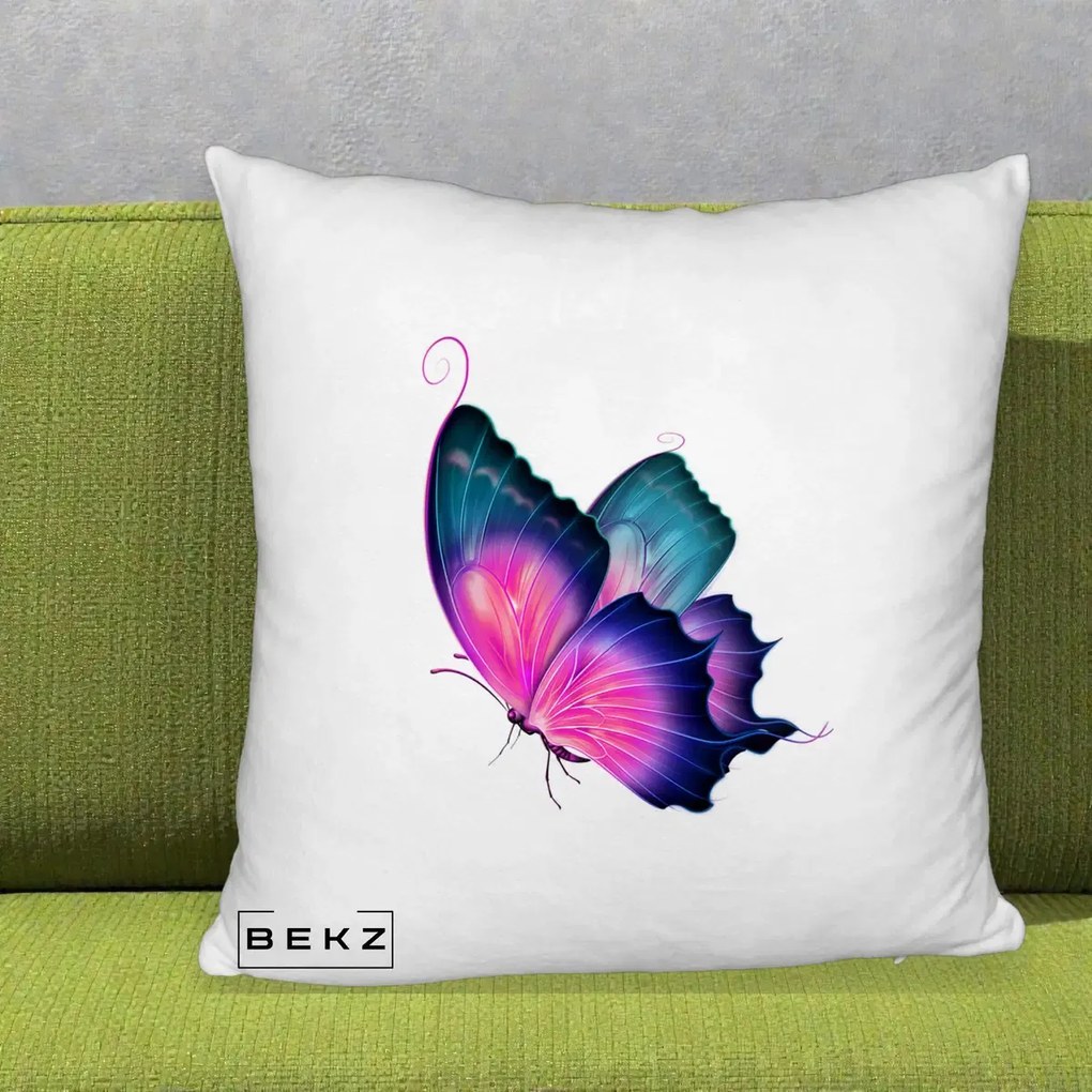 Perna Decorativa Fluture Neon, 40x40 cm, Alb Pufos, Husa Detasabila, Perna Inclusa, BEKZ®