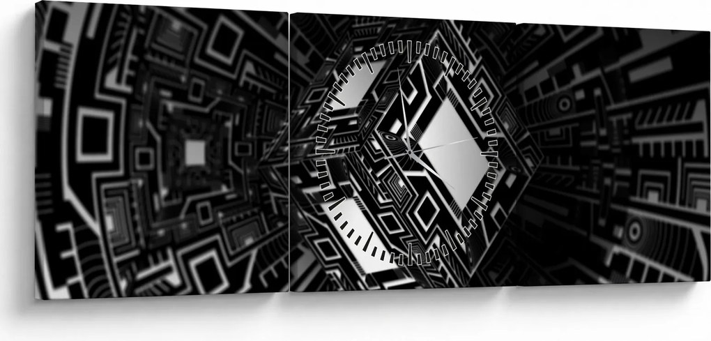 Tablou cu un cub abstract (cu ceas) (90x30 cm)