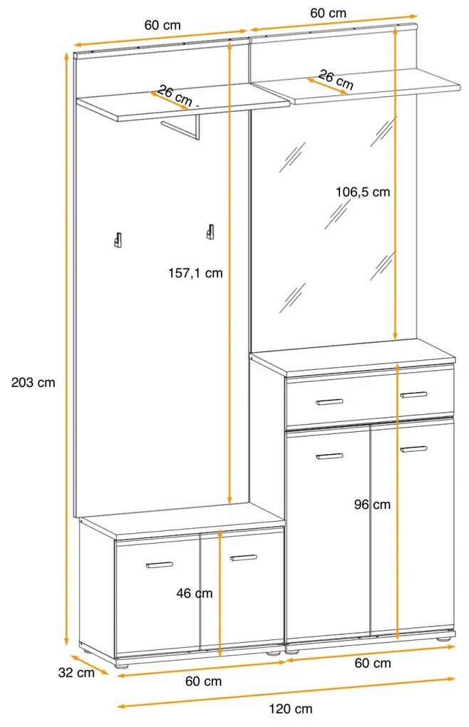 Cuier cu pantofar ,oglinda si perna inclusa, stejar sonoma, usi pvc infoliate, 120 cm lungime x 203 cm inaltime x 32 cm adancime, hol