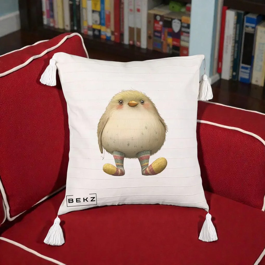 Perna Decorativa Pui Pufos cu Sosete Dungate, 40x40 cm, Bej cu Franjuri, Husa Detasabila, Perna Inclusa, BEKZ®