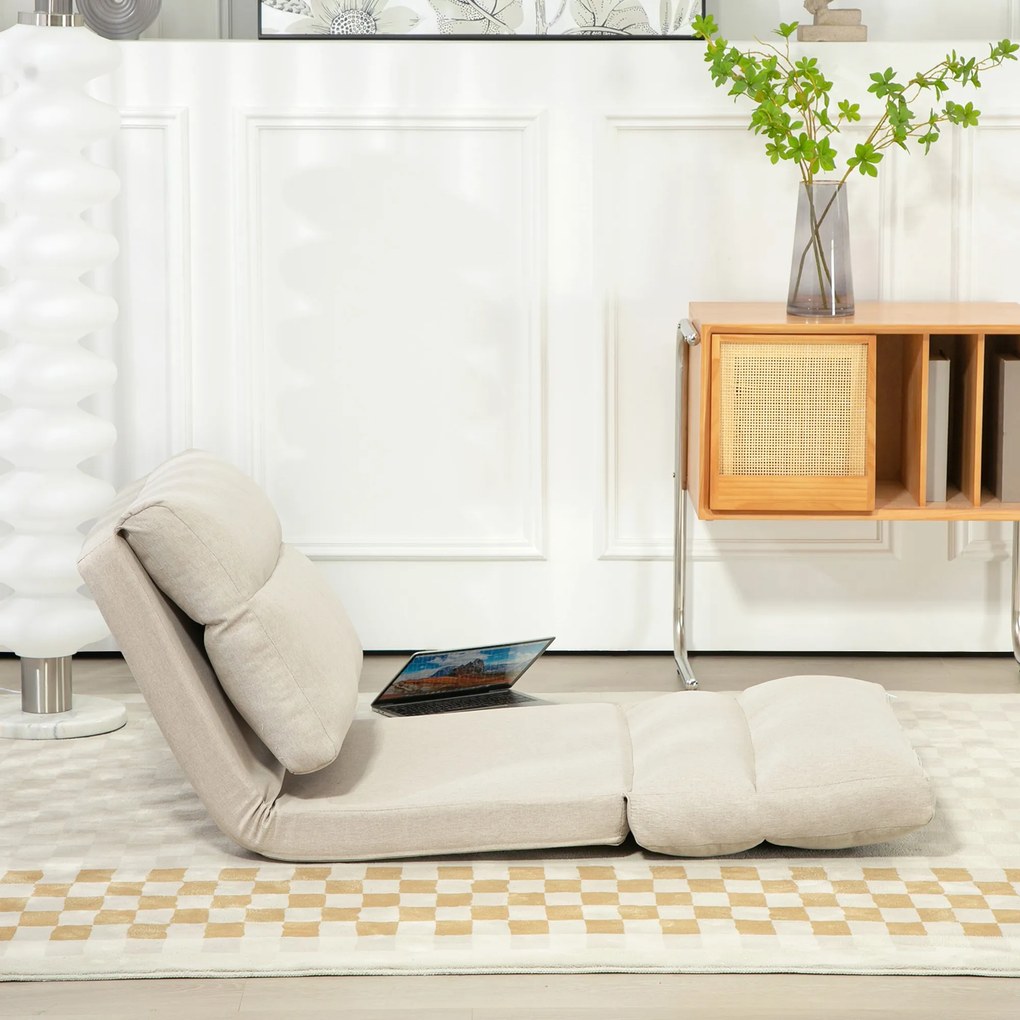 HOMCOM Fotoliu de podea canapea leneșă fotoliu convertibil în pat reglabil de la 90° la 180° în țesătură, 70 x 72 x 56 cm, bej | Aosom Romania