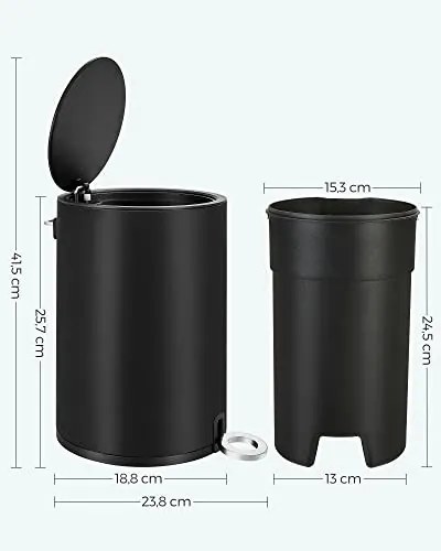 Cos de gunoi pentru baie, ∅ 18.8 cm, metal, negru, Songmics