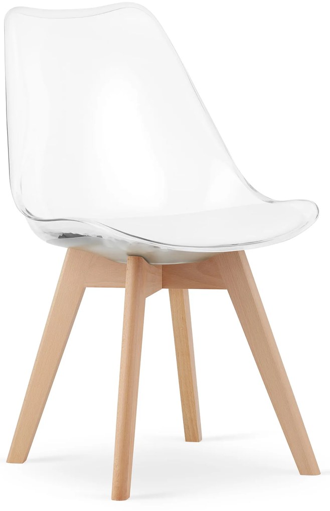Set de masa 1 + 4, masa alba ADRIA 120x80 cm + scaune transparente BALI MARK cu picioare din lemn de fag