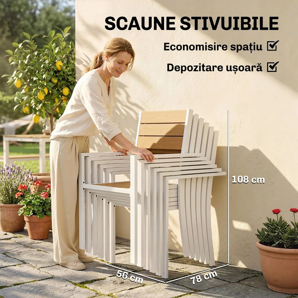 Outsunny Set Masă și Scaune de Grădină 7 Piese, Set Prânz Exterior din Aluminiu cu 6 Scaune Stivuibile, Masă cu Șipci Imitatie Lemn, pentru Terasă, Balcon, Patio, Teak | Aosom Romania