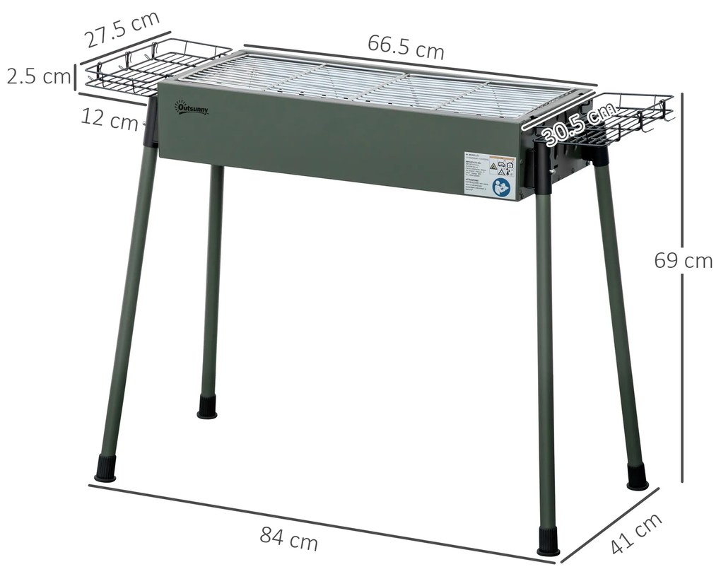 Outsunny Gratar Portabil cu Cărbuni și Coșuri Laterale cu Cârlige, Plită Compactă din Oțel Inoxidabil, 77x30x70 cm, Verde | Aosom Romania