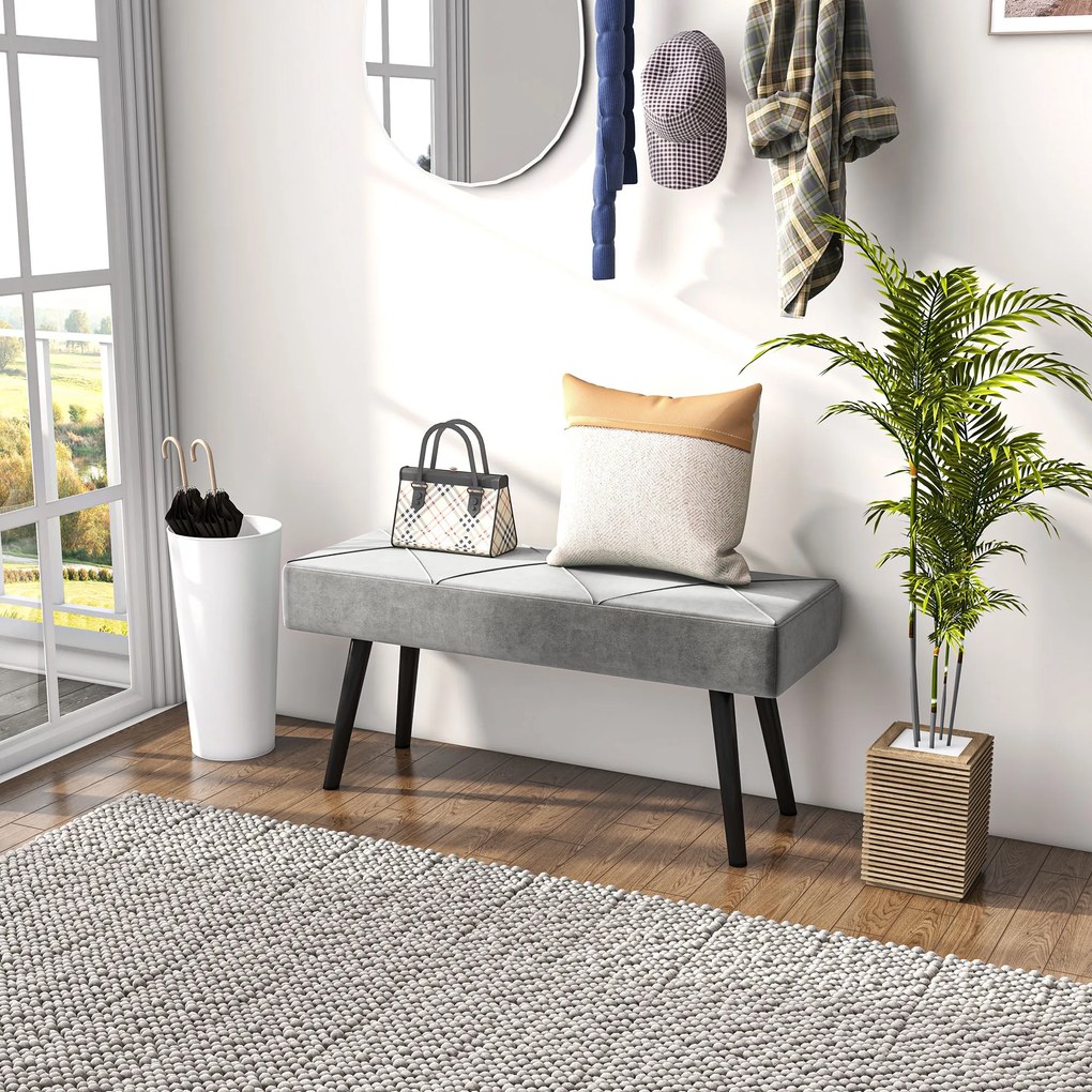 HOMCOM Danca Depozitare, Velvet Tapițat, cu Picioare de Oțel, pentru Dormitor, Living, Sufragerie, Hol, 100x36x45 cm, Gri | Aosom Romania