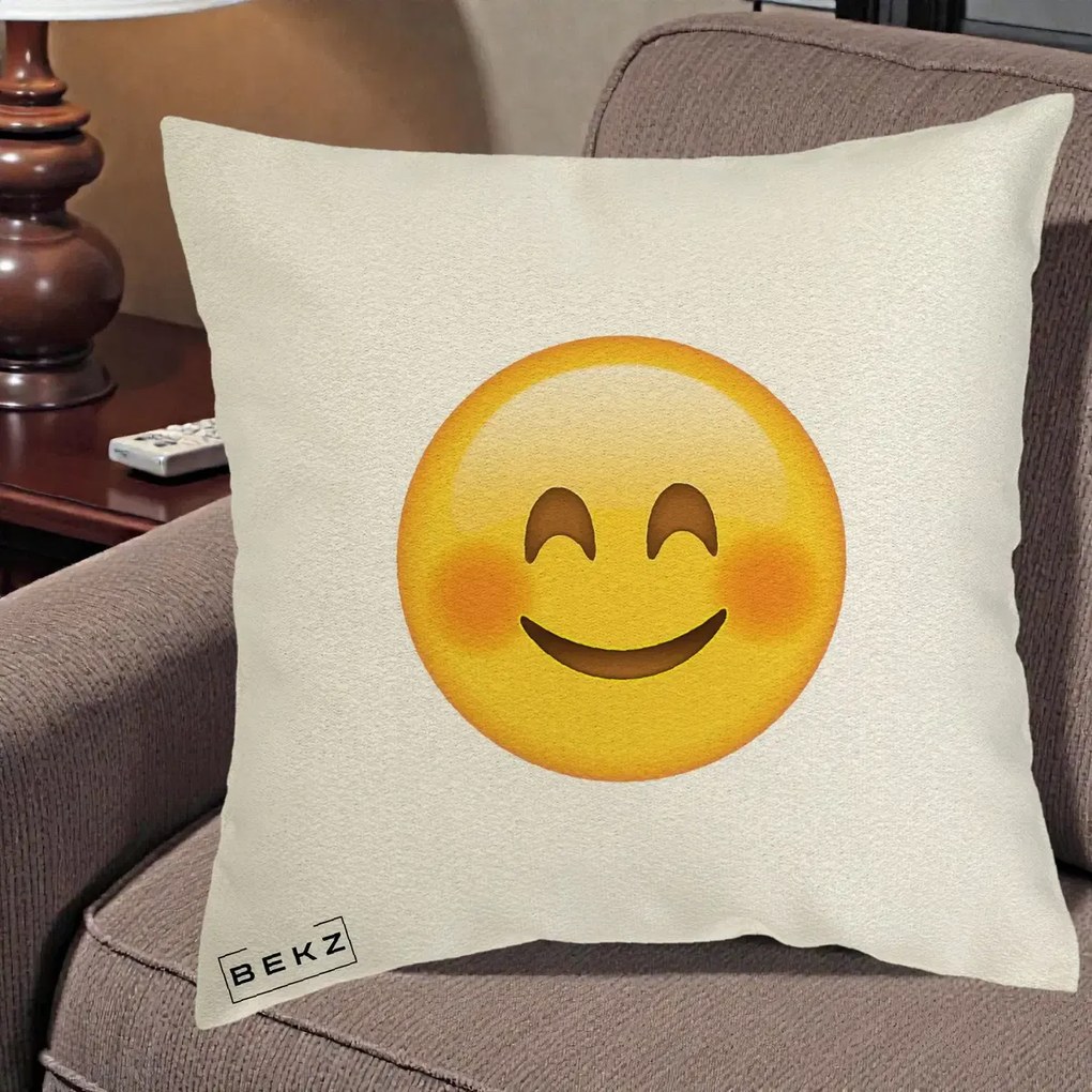 Perna Decorativa Emoji Fericit Roscat, 40x40 cm, Ecru, Husa Detasabila, Perna Inclusa, BEKZ®