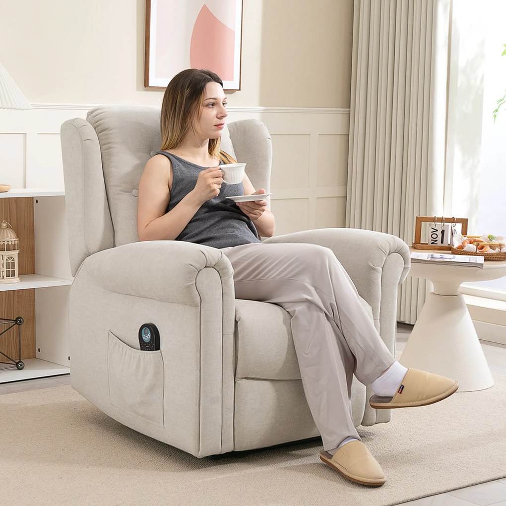 HOMCOM Fotoliu relax electric cu masaj și încălzire, cu spătar și suport pentru picioare reglabil manual, buzunar lateral, bej | Aosom Romania