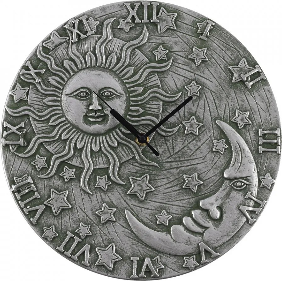 Ceas de perete din teracota Soare, Luna si Stele - argintiu