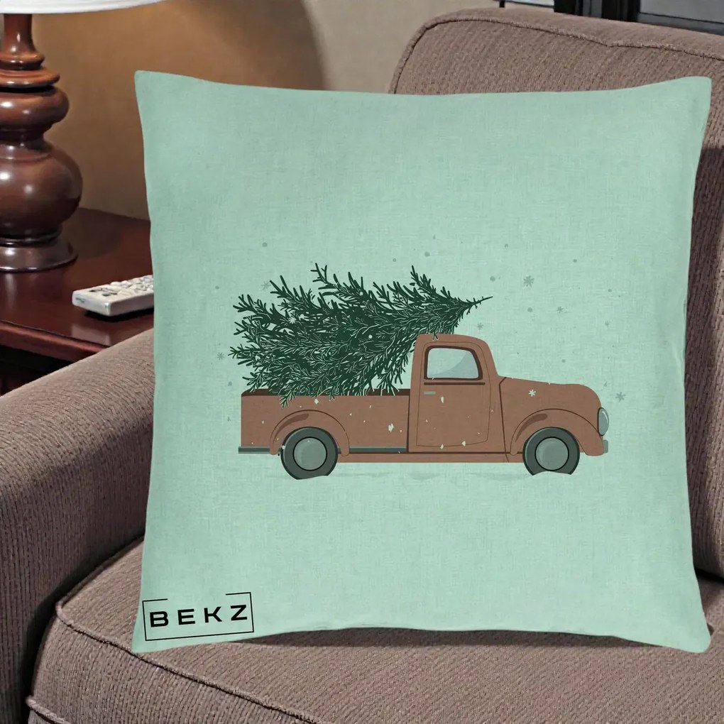 Perna Decorativa Camioneta Terracotta Brad de Craciun, 40x40 cm, Verde Menta, Husa Detasabila, Perna Inclusa, BEKZ®