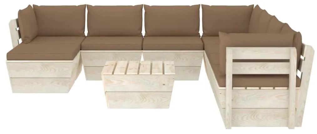Set mobilier gradina din paleti cu perne, 9 piese, lemn molid Gri taupe, 3x colt + 4x mijloc + masa + suport pentru picioare, 1
