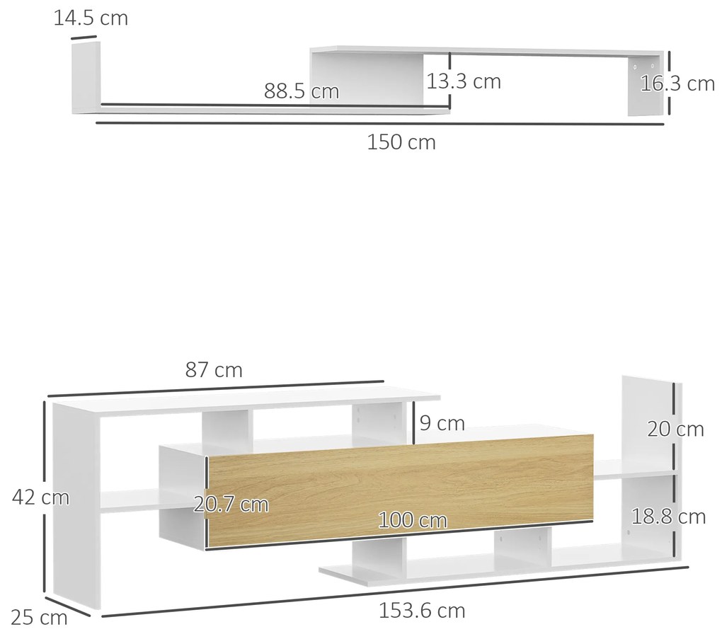 HOMCOM Dulap TV cu Raft de Perete, Rafturi Deschise și Dulăpior din Lemn, Mobilier TV Modern, 153,6x25x42 cm, Alb | Aosom Romania