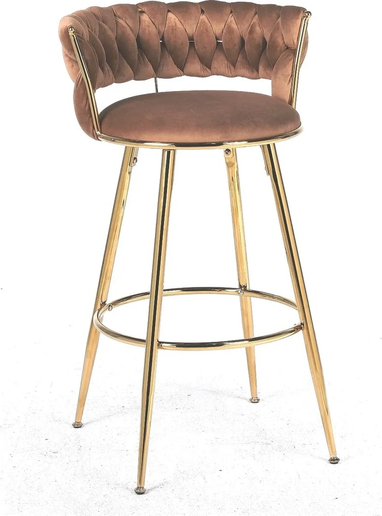 RESIGILAT- Scaun bar, cadru metalic și suport pentru picioare aurii, catifea, Maro