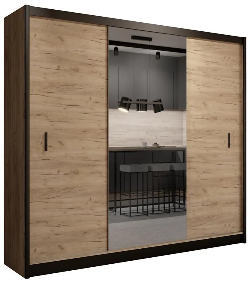 Dulap MIRO 250x215 cm cu oglindă, stejar craft/negru