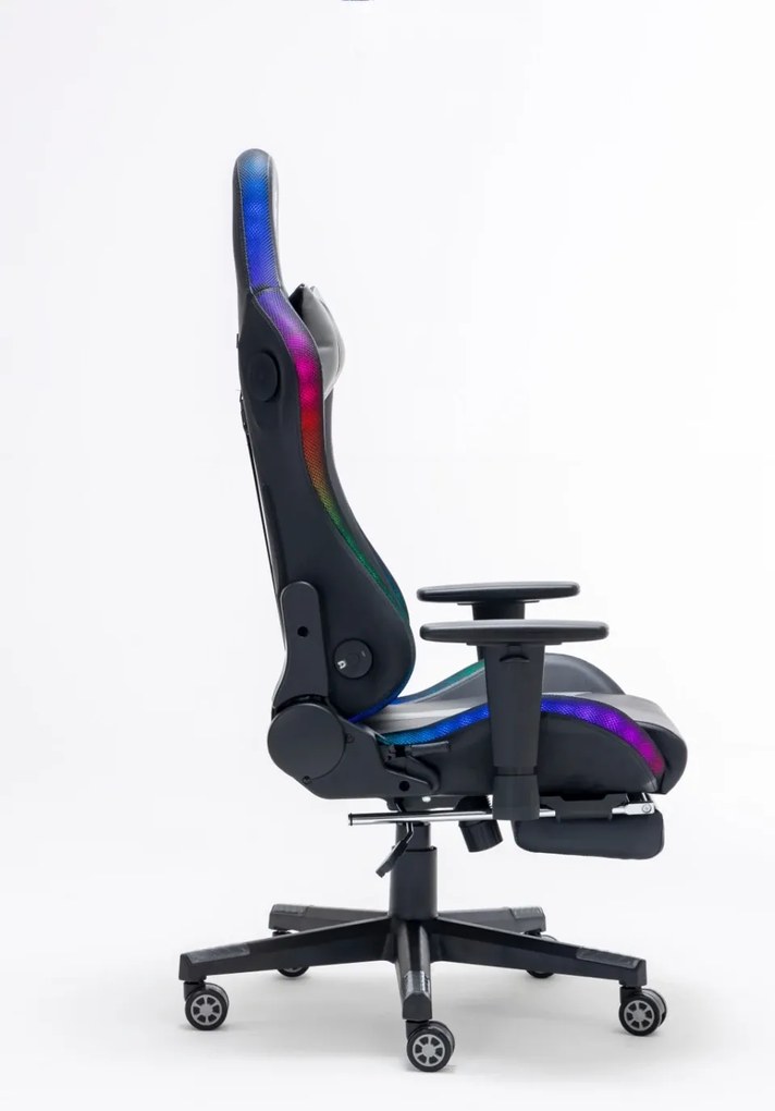 Scaun gaming, Masaj in 7 puncte, sistem iluminare bandă LED RGB, boxe Bluetooth, masaj în perna lombară, sezut benzi elastice sustinere, funcție șezlong, 90-180 grade, suport picioare, Negru/Gri
