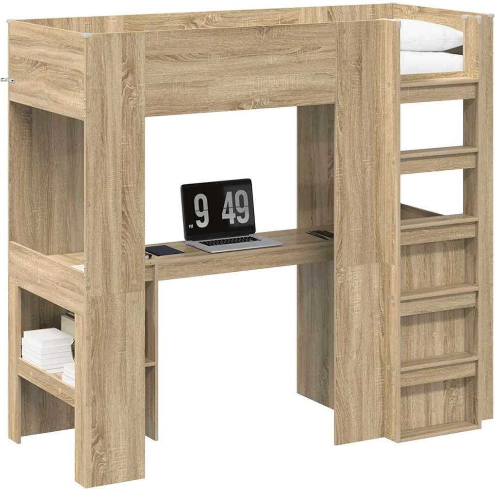 vidaXL Cadru de pat supraetajat cu birou Stejar Sonoma 75 x 190 cm