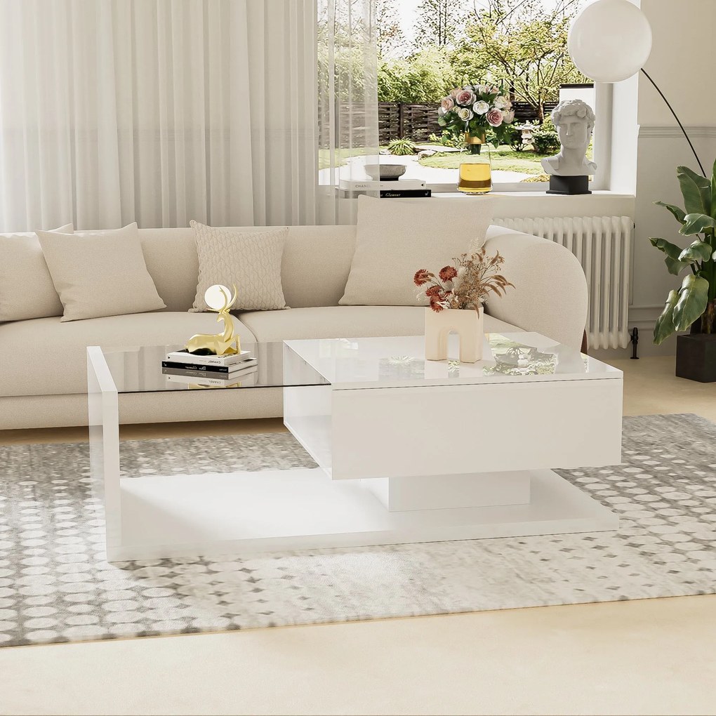 Măsuță de Cafea Modernă cu Raft din Sticlă și Efecte LED, 105x55x32,5 cm, Alb