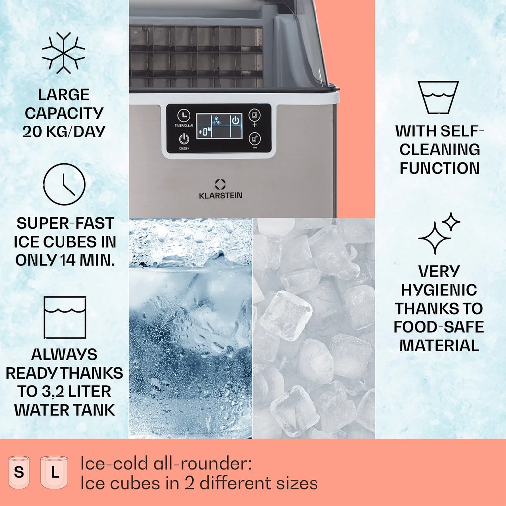 Klarstein Chios, aparat de făcut cuburi de gheață, 20 kg/24 h, Auto-Clean, rezervor de apă de 3,2 litri