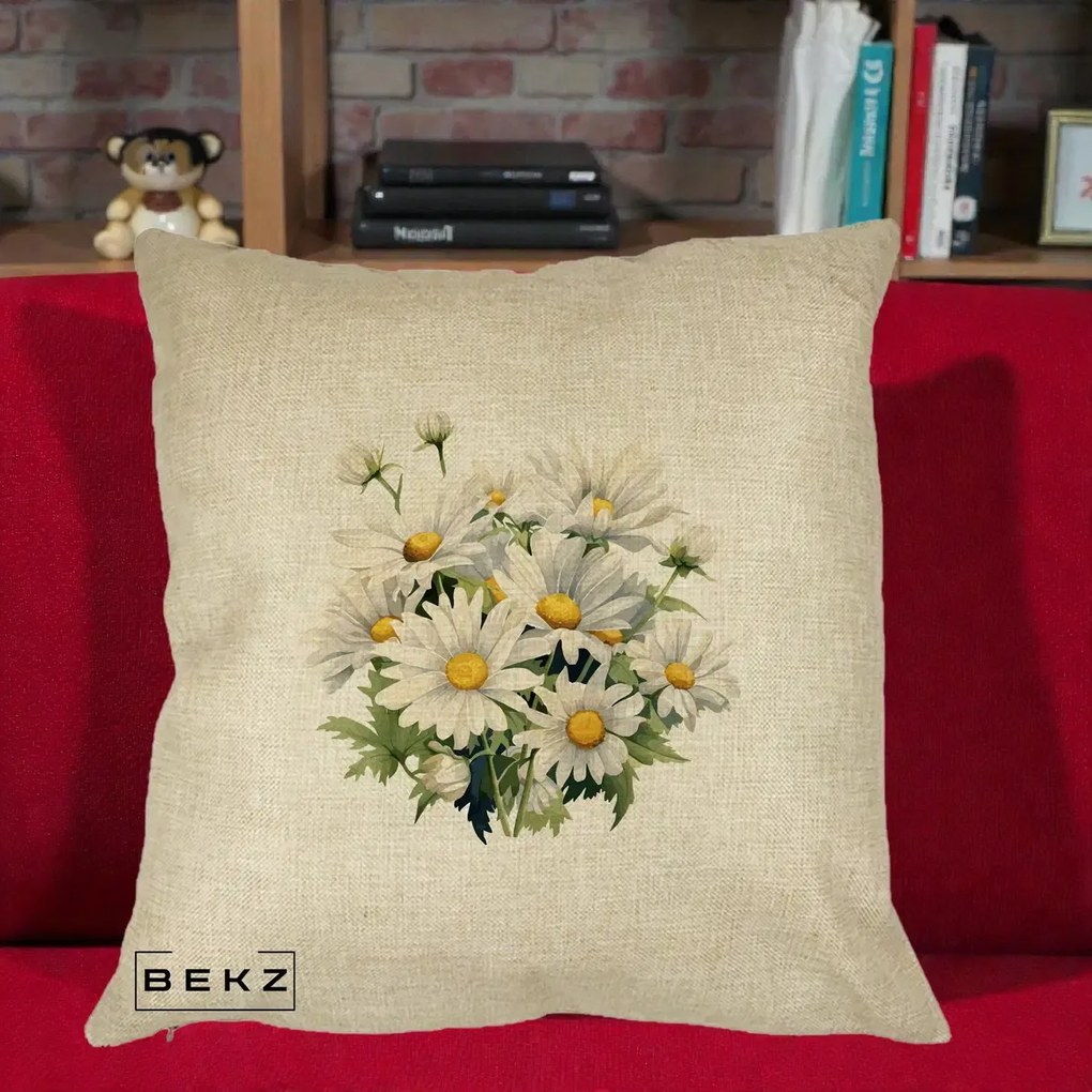 Perna Decorativa Buchet Margarete Albe Acuarela, 40x40 cm, Crem, Husa Detasabila, Perna Inclusa, BEKZ®