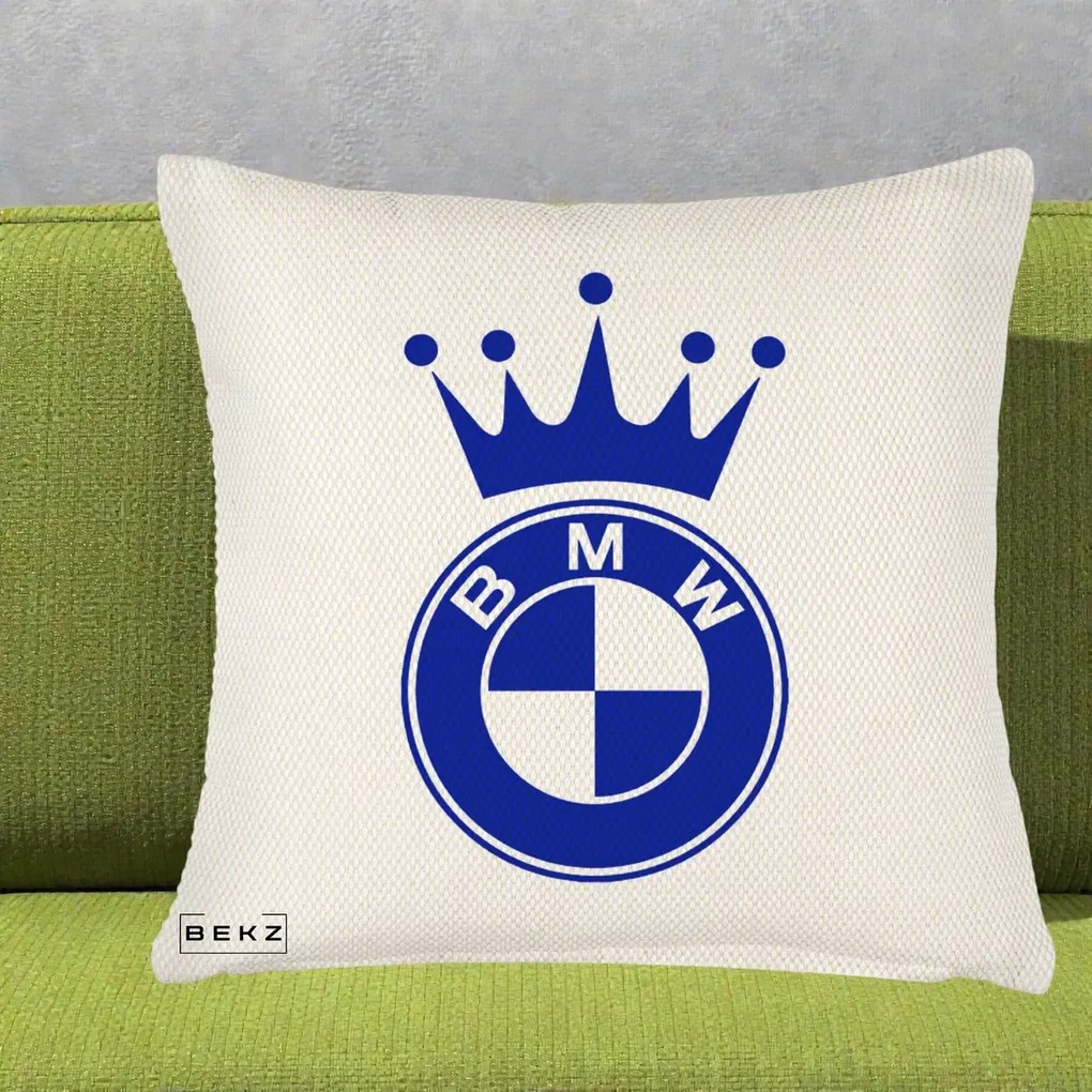 Perna Personalizata cu emblema BMW si Coroana, 40x40 cm, Crem Reliefat, Husa Detasabila, Perna Inclusa, BEKZ®
