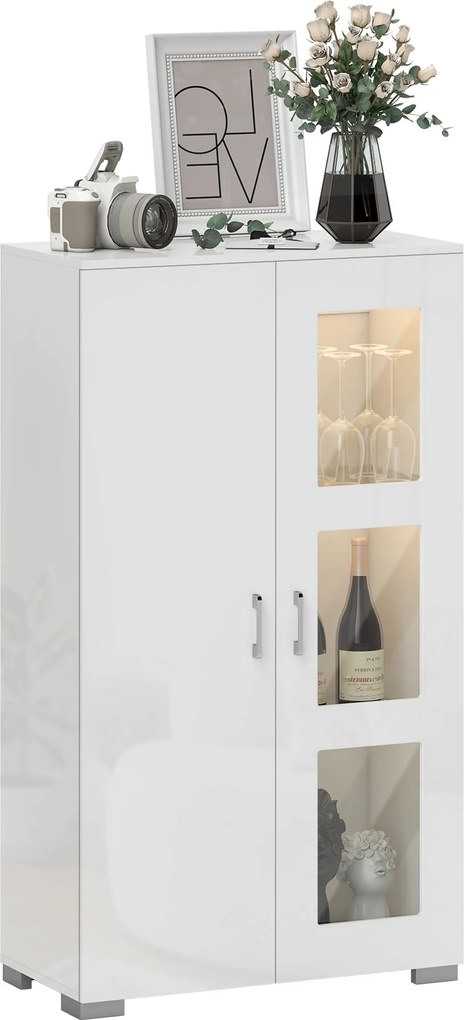 HOMCOM Bufet cu LED RGB 16 culori și telecomandă, finisaj lucios, uși vitrate, rafturi din sticlă, 71x35x126 cm, alb | Aosom Romania