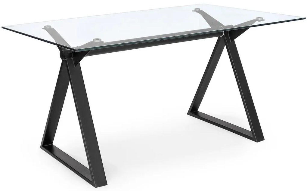 Birou cu picioare din fier negru si blat sticla transparenta job 150 cm x 90 cm x 75 h