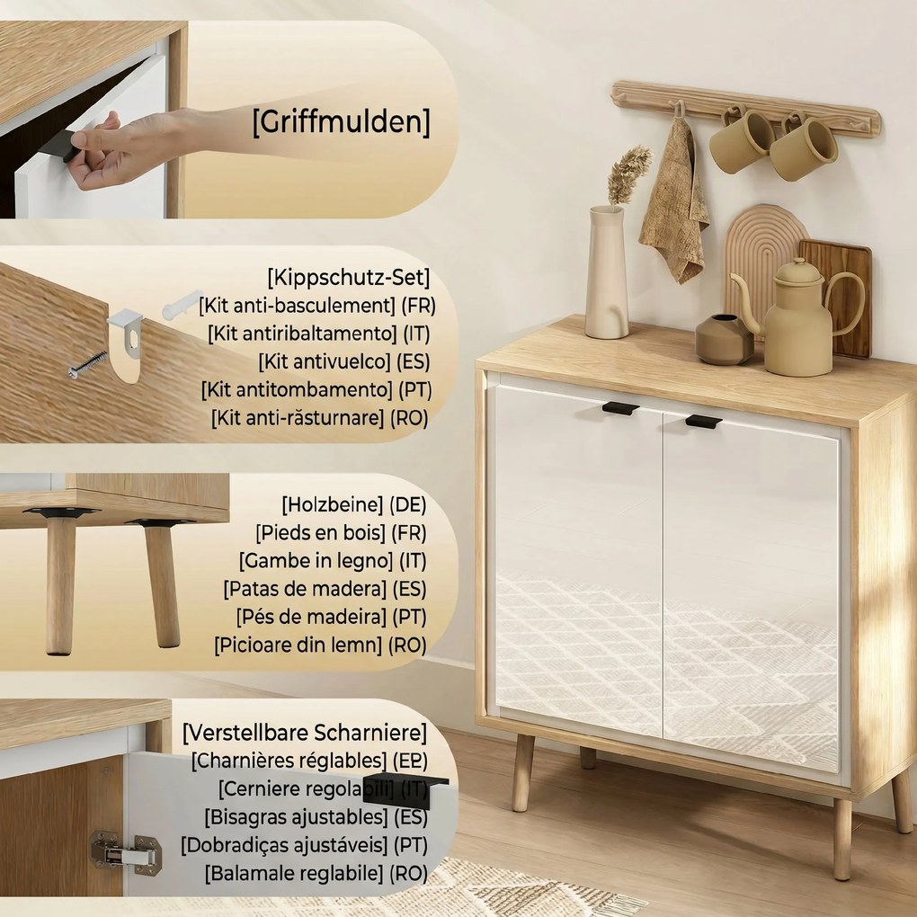 HOMCOM Dulap Modern cu 2 Uși și Raft Reglabil 72x35x77cm Alb și Stejar | Aosom Romania