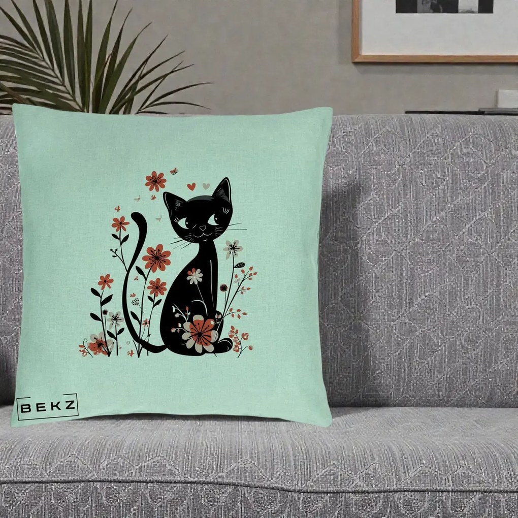Perna Decorativa Pisica Neagra Flori Roz si Inimi, 40x40 cm, Verde Menta, Husa Detasabila, Perna Inclusa, BEKZ®