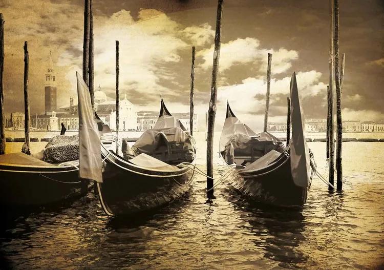 City Venice Gondolas Boats Sepia Fototapet, (104 x 70.5 cm)