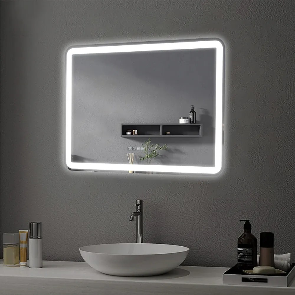 Oglindă baie, Multifuncțională, Iluminare LED Touch, Sistem Dezaburire, Ceas electronic încorporat, Indicator Temperatura, 70x50 cm