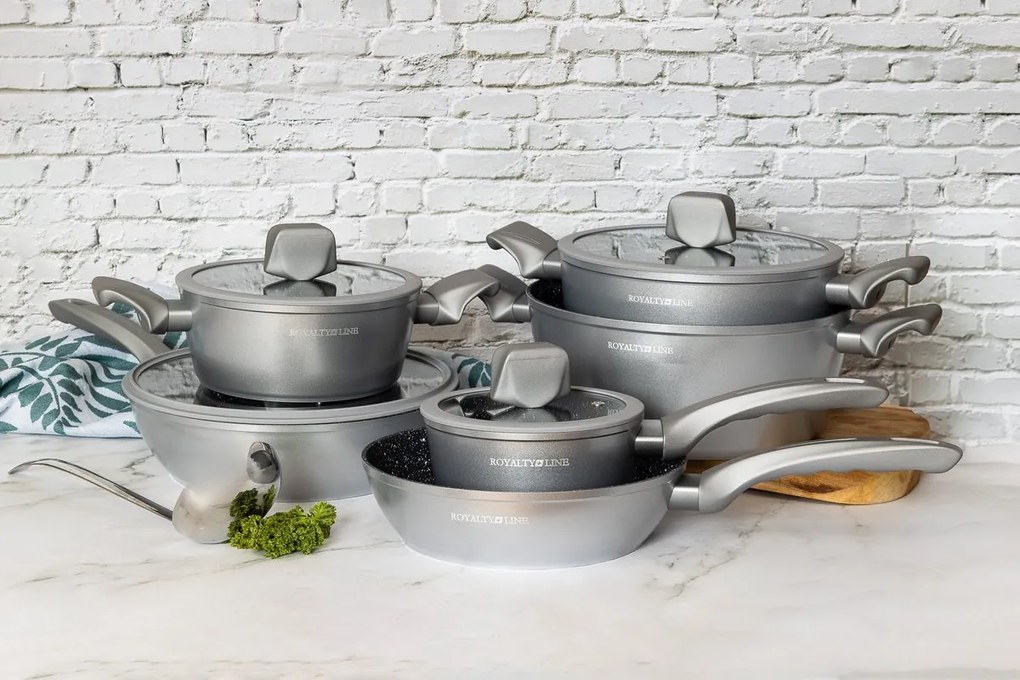 Set oale si tigai Royalty Line T010-Silver, Aluminiu, 10 piese, Acoperire marmura, Argintiu