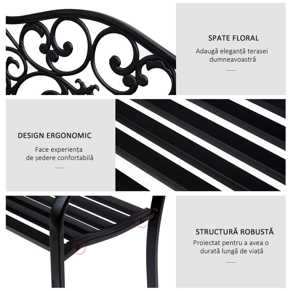 Outsunny Banca pentru exterior din fonta si metal, banca pentru gradina 2 locuri cu spatar inalt decorat, 127x60x89cm, negru